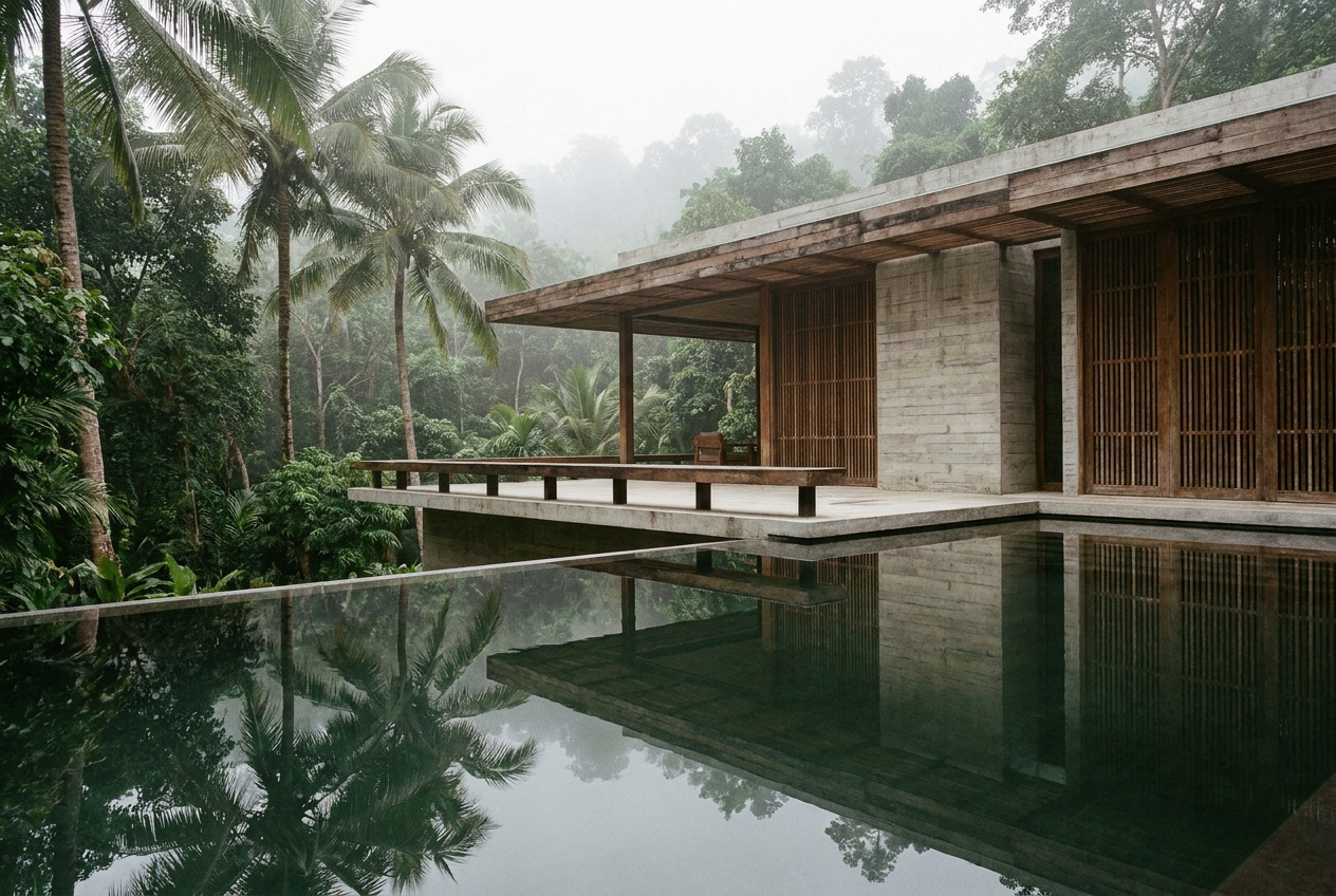 A teak-and-stone pavilion arranged within a courtyard at a Northern Thai property; morning mist